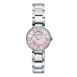 Tiffany & Co. Atlas® 24 mm watch in stainless steel with diamonds and pink mother-of-pearl. | ^Women Fine Watches|Women’s Watches