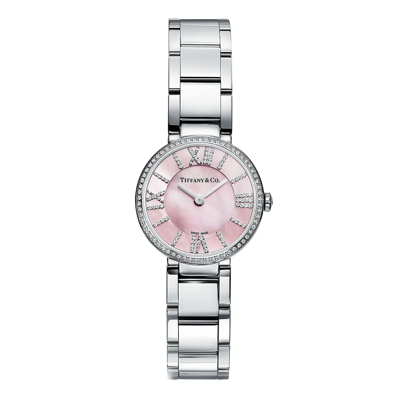 Tiffany & Co. Atlas® 24 mm watch in stainless steel with diamonds and pink mother-of-pearl. | ^Women Fine Watches|Women’s Watches