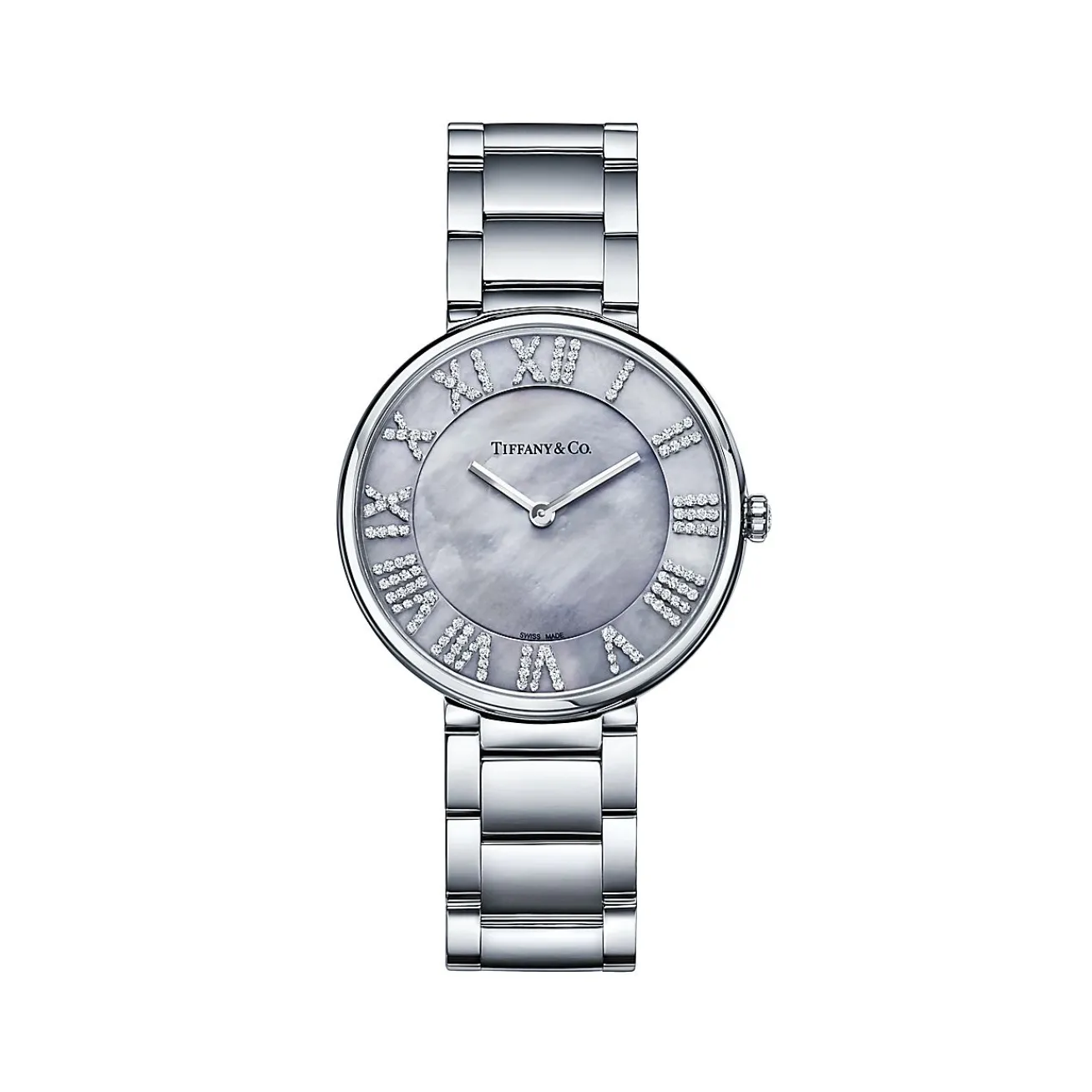 Tiffany & Co. Atlas® 34 mm Watch in Stainless Steel with Diamonds and Gray Mother-of-pearl | ^Women Fine Watches|Women’s Watches