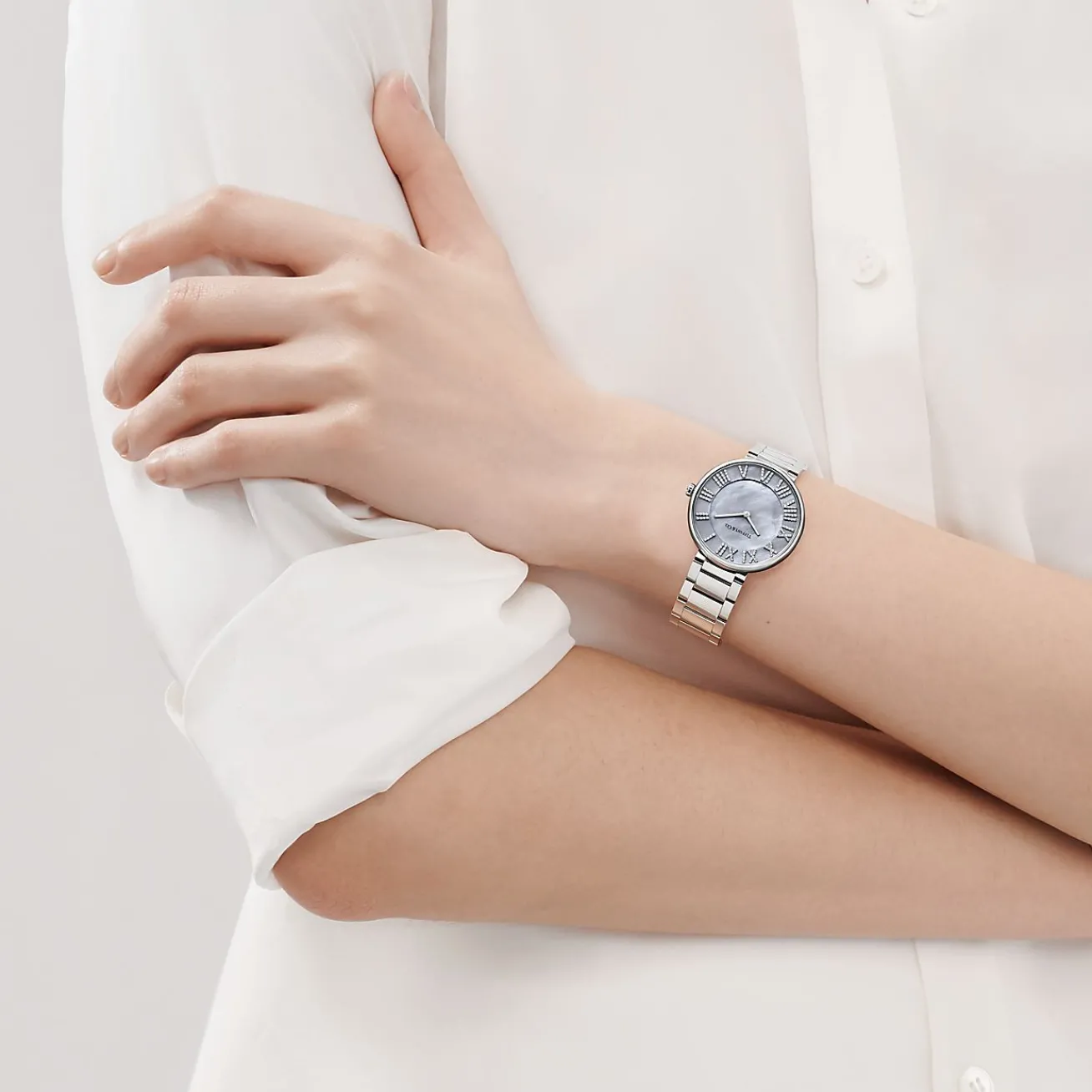 Tiffany & Co. Atlas® 34 mm Watch in Stainless Steel with Diamonds and Gray Mother-of-pearl | ^Women Fine Watches|Women’s Watches