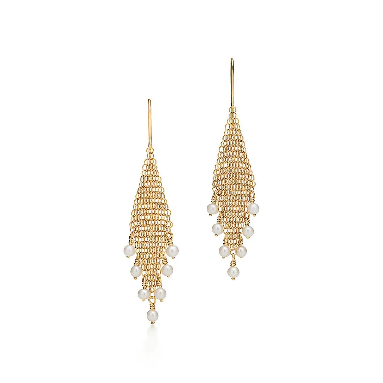 Tiffany & Co. Elsa Peretti® Mesh fringe earrings in 18k gold with freshwater pearls. | ^ Earrings|Gold Jewelry