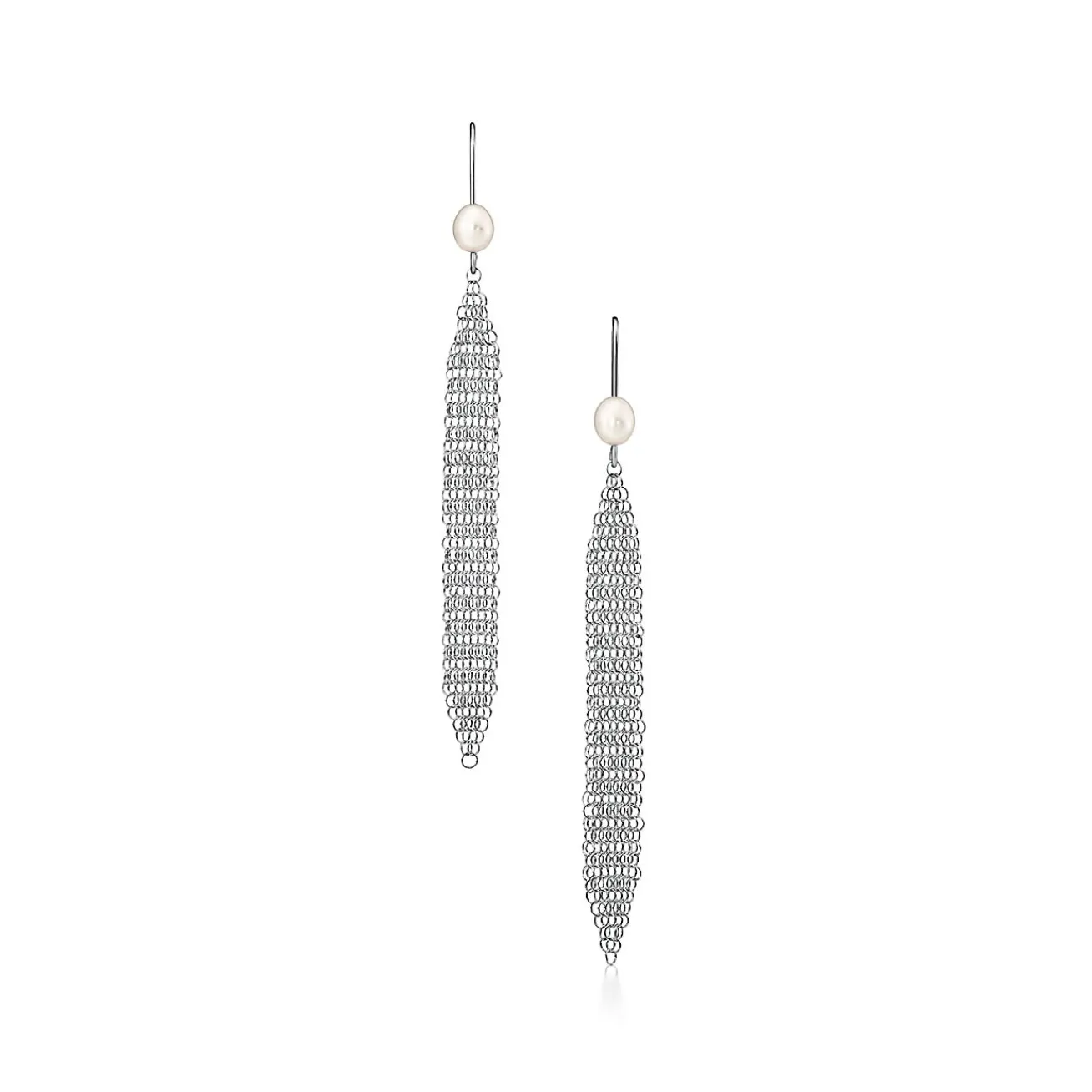Tiffany & Co. Elsa Peretti® Mesh tassel earrings in sterling silver with freshwater pearls. | ^ Earrings|Bold Silver Jewelry