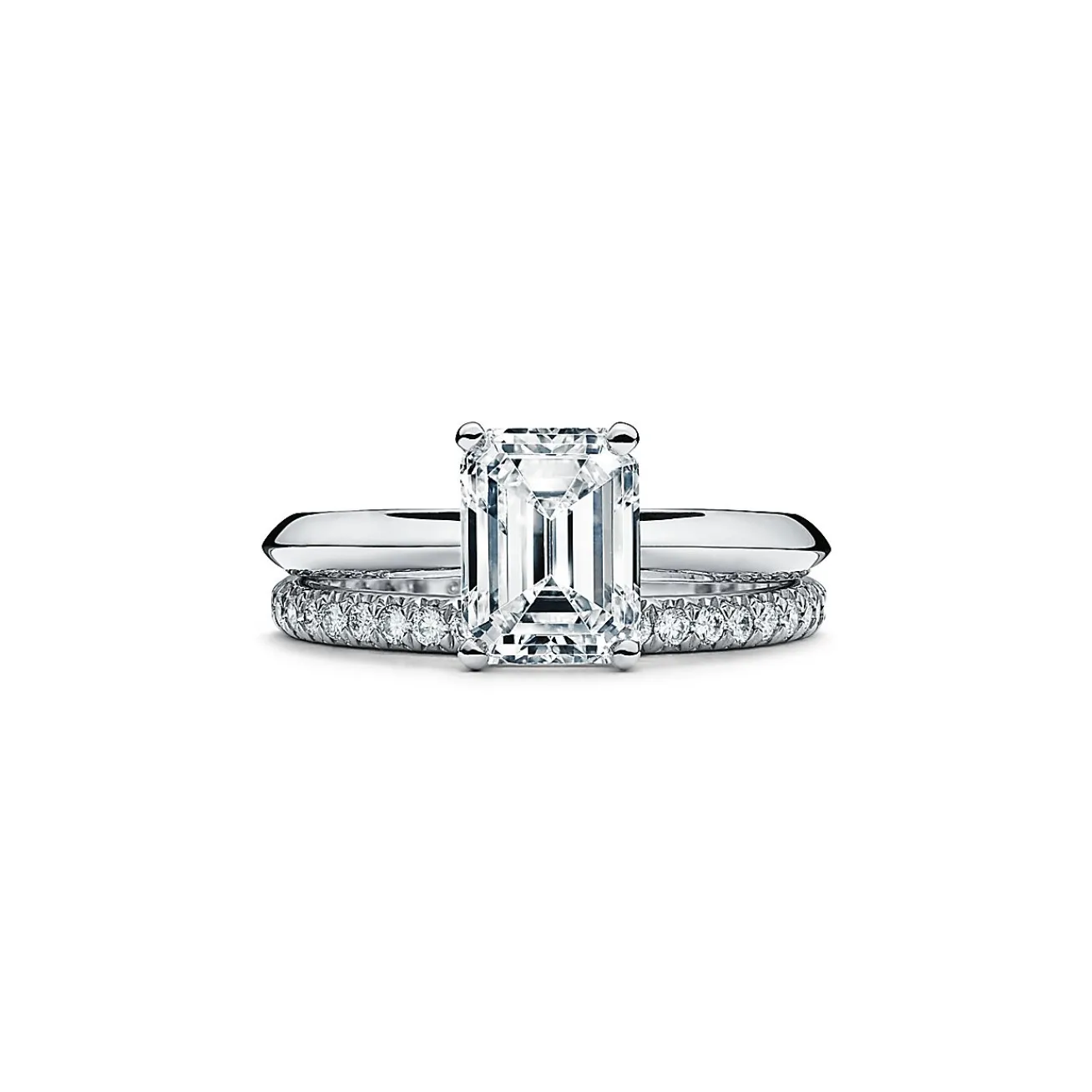 Tiffany & Co. Emerald-cut diamond engagement ring in platinum. | ^ Engagement Rings