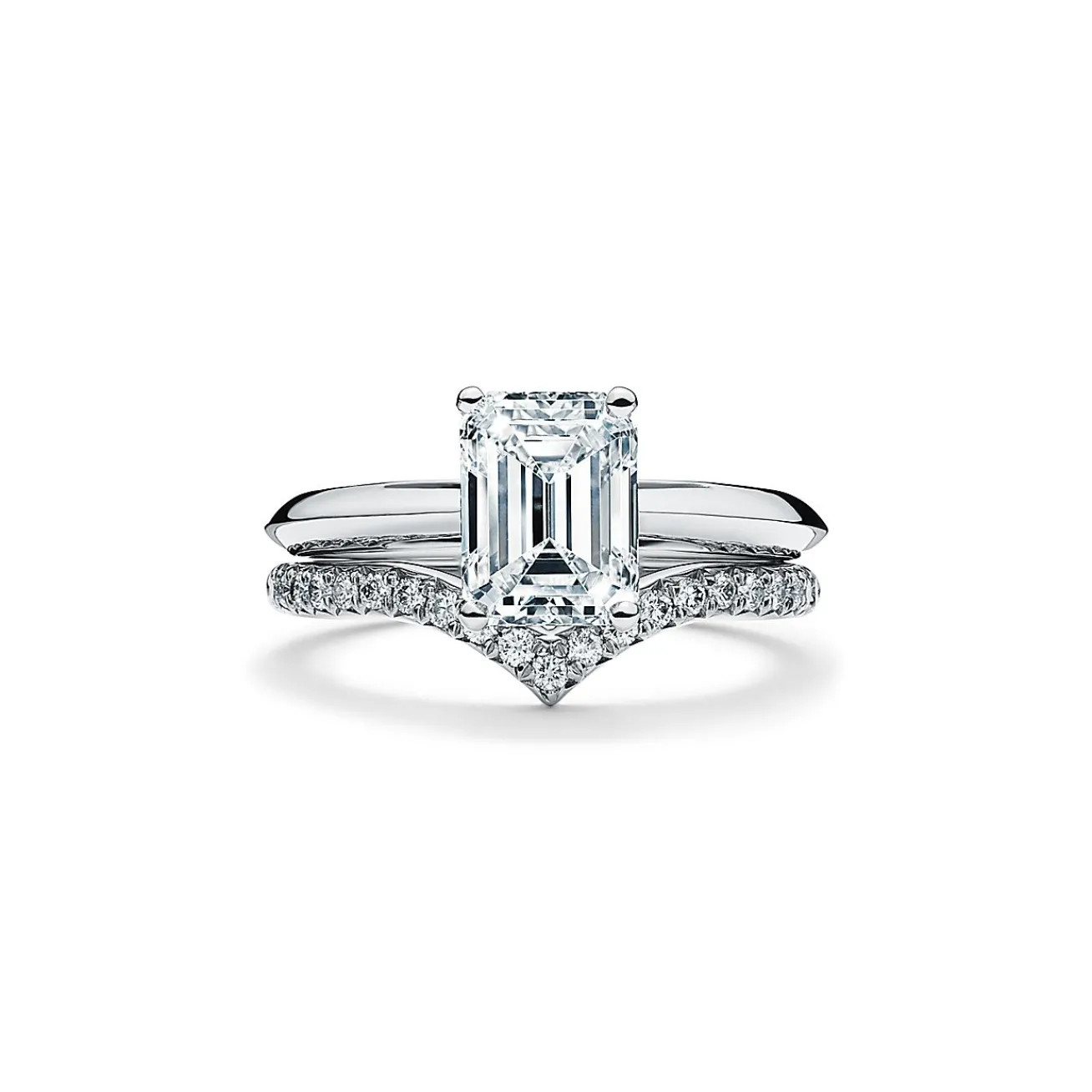 Tiffany & Co. Emerald-cut diamond engagement ring in platinum. | ^ Engagement Rings