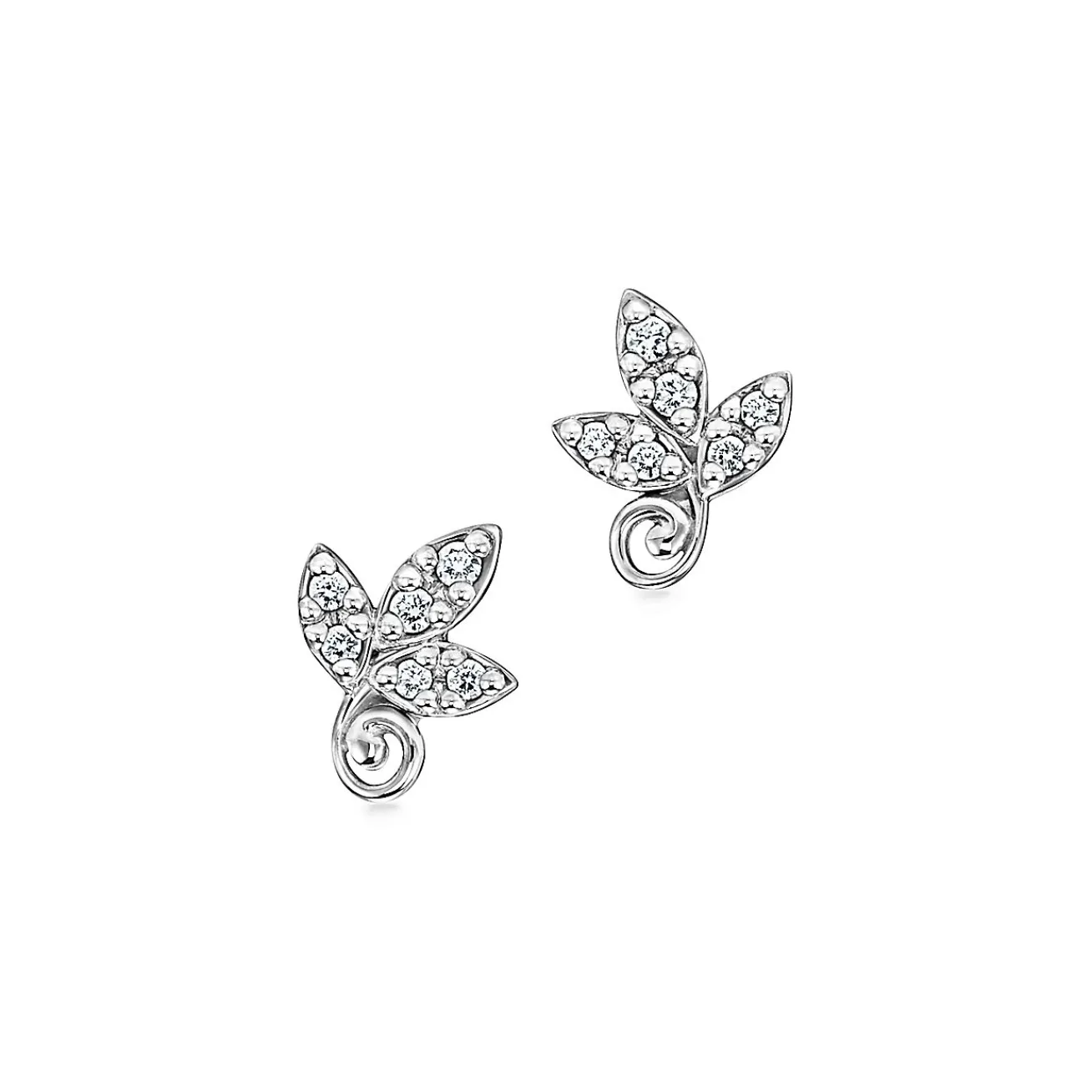 Tiffany & Co. Paloma Picasso® Olive Leaf earrings in 18k white gold with diamonds. | ^ Earrings|Diamond Jewelry