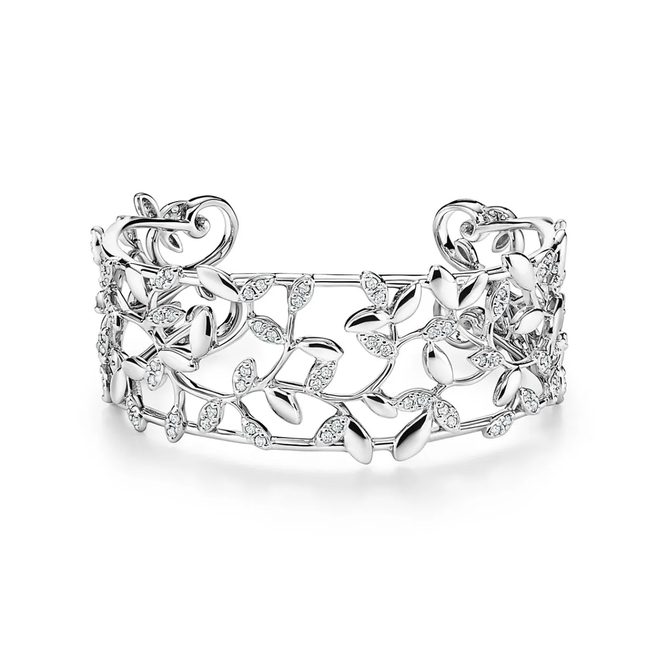 Tiffany & Co. Paloma Picasso® Olive Leaf narrow cuff in 18k white gold with diamonds, medium. | ^ Bracelets