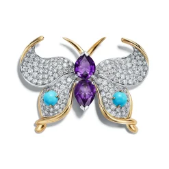 Tiffany & Co. Schlumberger Butterfly clip in 18k gold with colored gemstones and diamonds. | ^ Diamond Jewelry