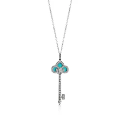 Tiffany & Co. Tiffany Keys Fleur de Lis Key in Platinum with Diamonds and Turquoise | ^ Necklaces & Pendants|Platinum Jewelry