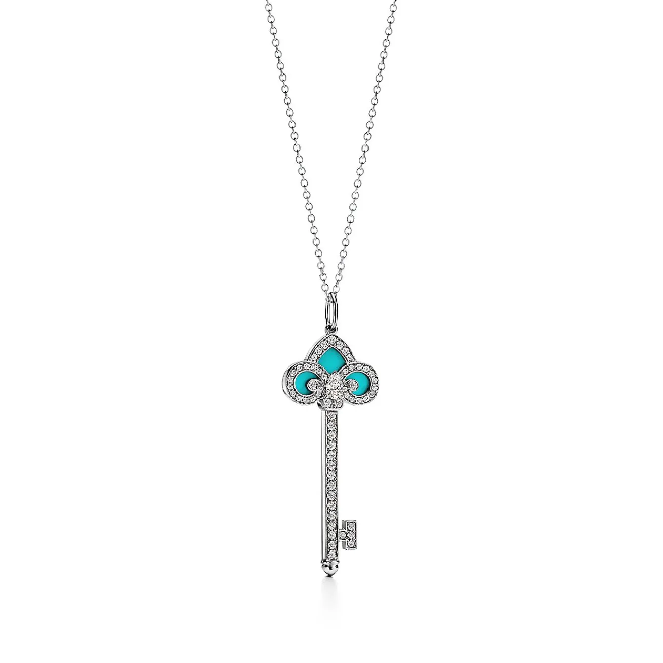 Tiffany & Co. Tiffany Keys Fleur de Lis Key in Platinum with Diamonds and Turquoise | ^ Necklaces & Pendants|Platinum Jewelry