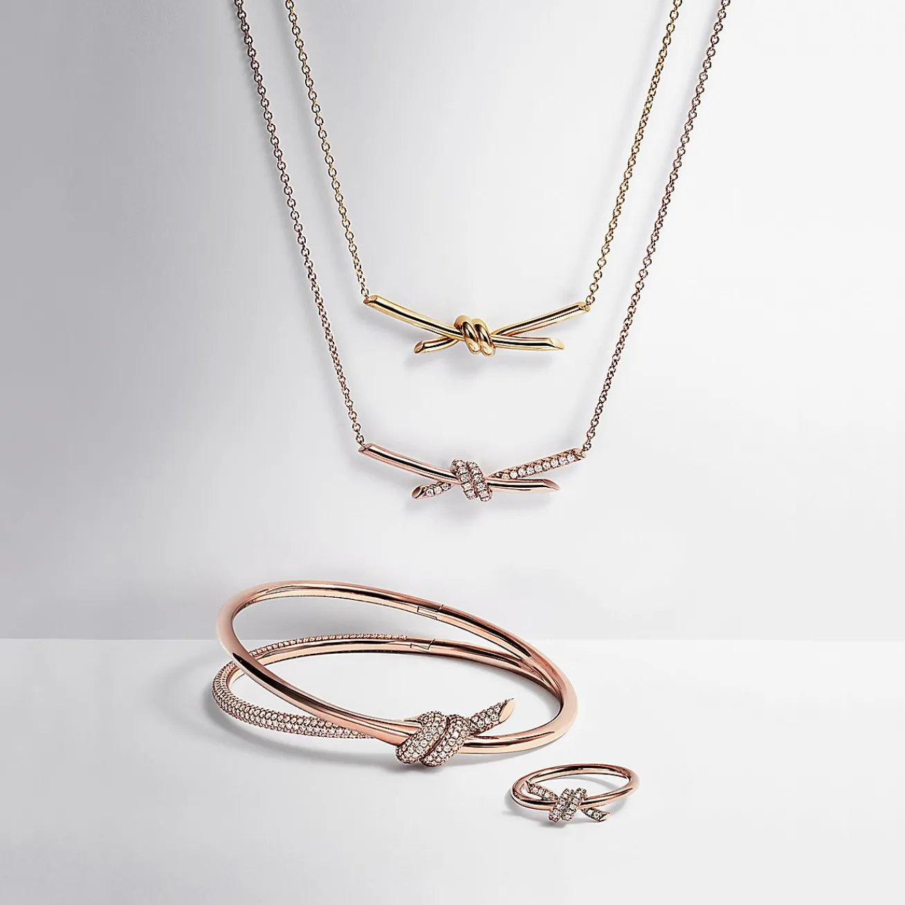 Tiffany & Co. Tiffany Knot Double Row Hinged Bangle in Rose Gold with Diamonds | ^ Bracelets|Rose Gold Jewelry