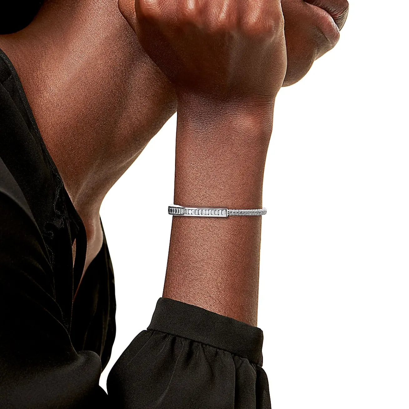 Tiffany & Co. Tiffany Lock Bangle in White Gold with Baguette and Pavé Diamonds | ^ Bracelets|Diamond Jewelry