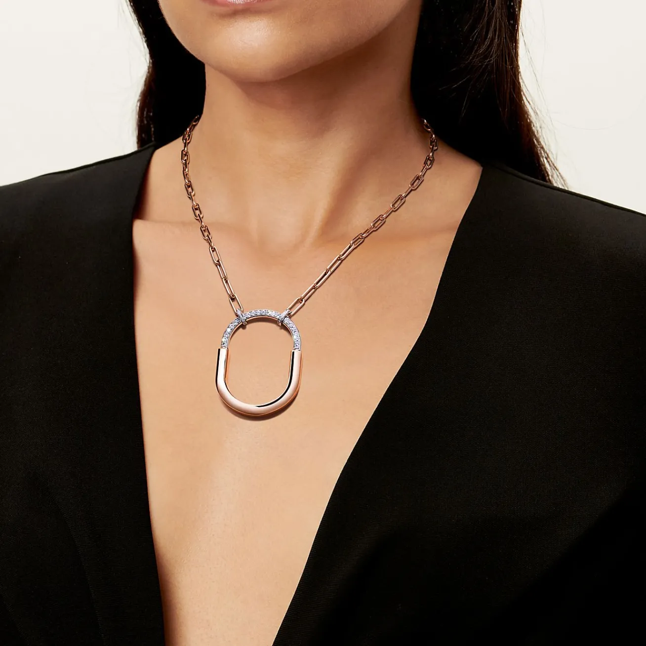 Tiffany & Co. Tiffany Lock Pendant in Rose and White Gold with Diamonds, Extra Large | ^ Necklaces & Pendants|Rose Gold Jewelry