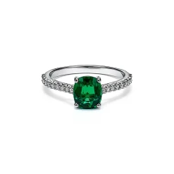 Tiffany & Co. Tiffany Novo® Cushion-cut Emerald Ring in Platinum with Pavé Diamonds | ^ Rings|Diamond Jewelry
