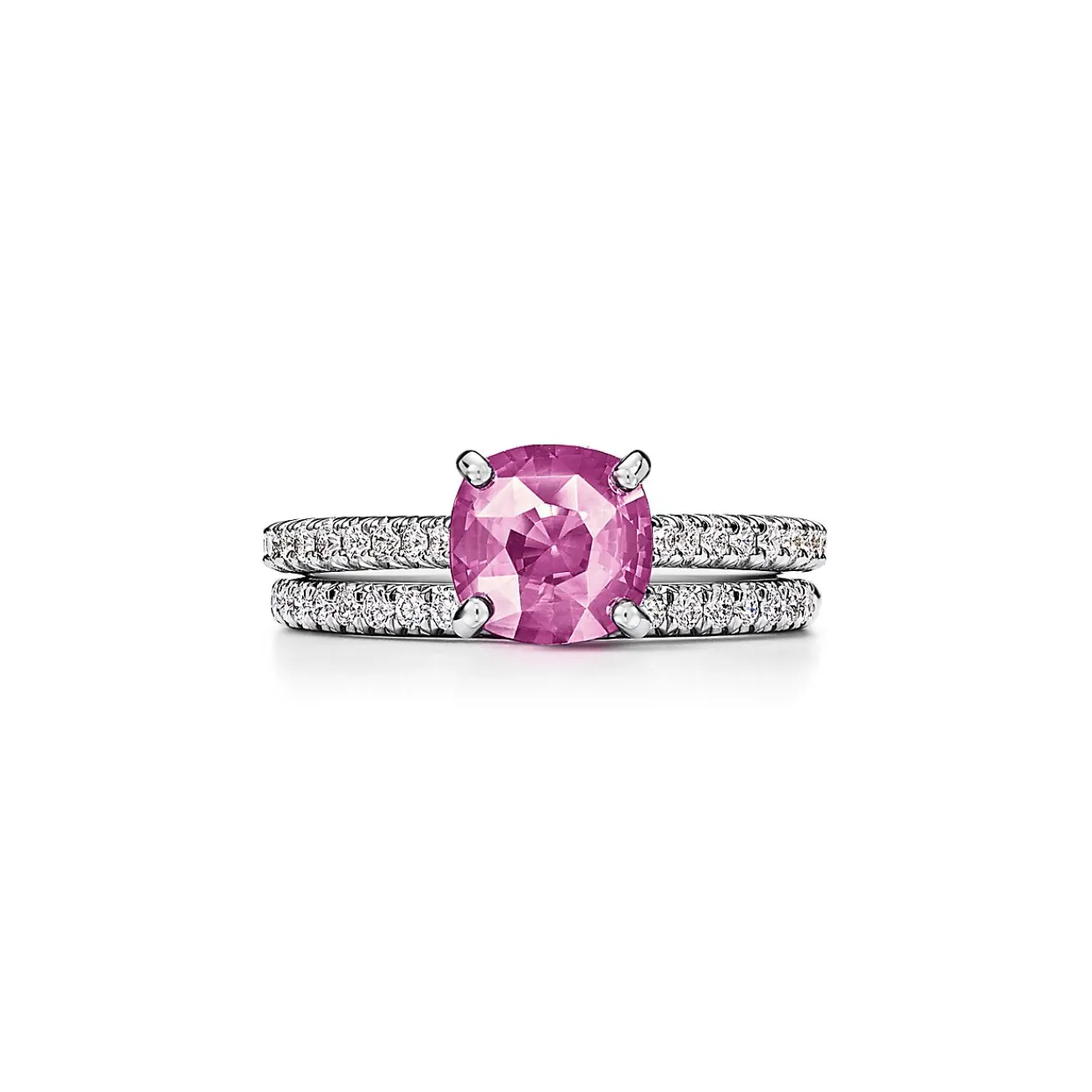 Tiffany & Co. Tiffany Novo® Cushion-cut Pink Sapphire Ring in Platinum with Pavé Diamonds | ^ Rings|Diamond Jewelry