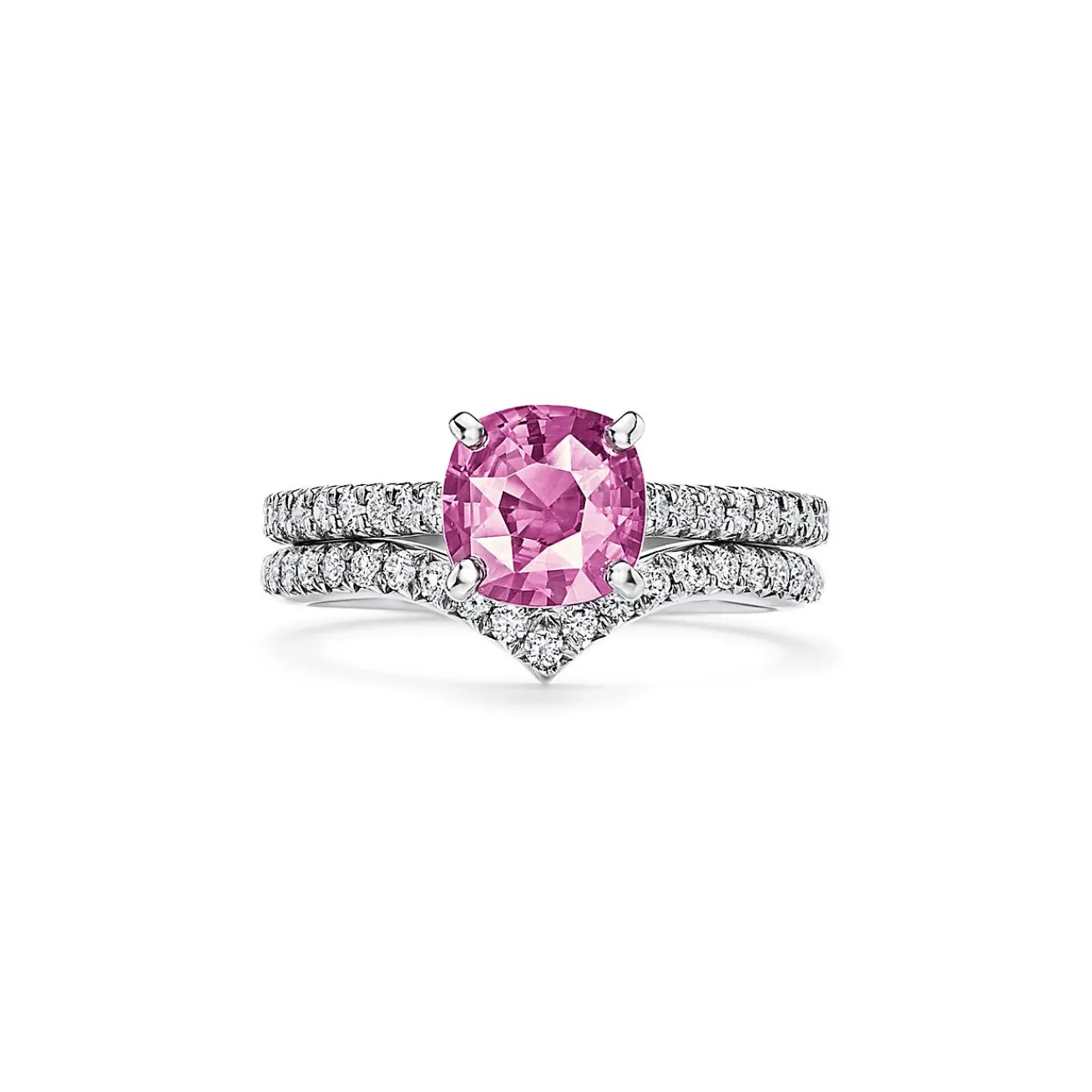 Tiffany & Co. Tiffany Novo® Cushion-cut Pink Sapphire Ring in Platinum with Pavé Diamonds | ^ Rings|Diamond Jewelry