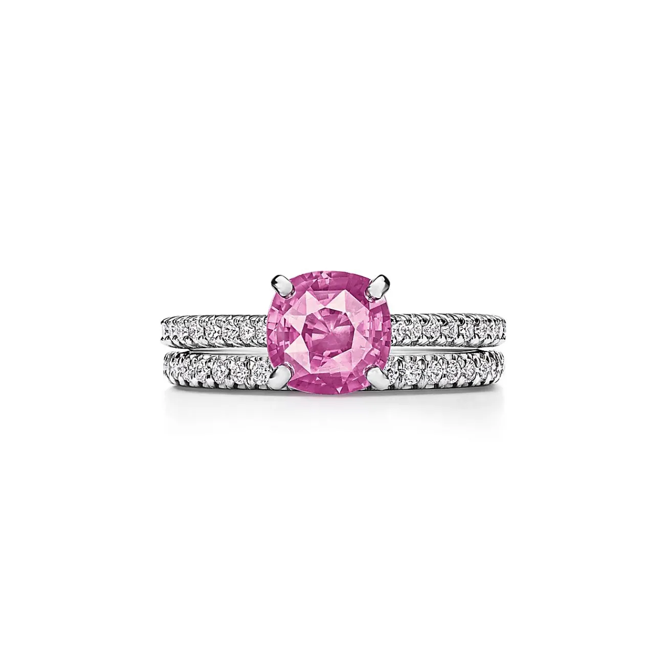 Tiffany & Co. Tiffany Novo® Cushion-cut Pink Sapphire Ring in Platinum with Pavé Diamonds | ^ Rings|Diamond Jewelry