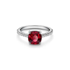 Tiffany & Co. Tiffany Novo® Cushion-cut Ruby Ring in Platinum with Pavé Diamonds | ^ Rings|Diamond Jewelry