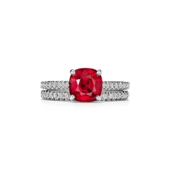 Tiffany & Co. Tiffany Novo® Cushion-cut Ruby Ring in Platinum with Pavé Diamonds | ^ Rings|Diamond Jewelry