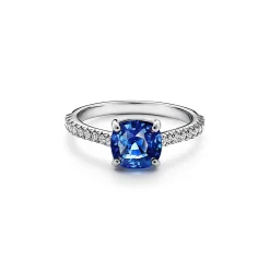 Tiffany & Co. Tiffany Novo® Cushion-cut Sapphire Ring in Platinum with Pavé Diamonds | ^ Rings|Diamond Jewelry