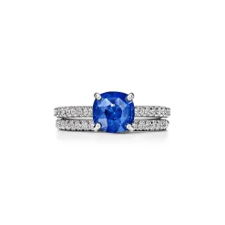 Tiffany & Co. Tiffany Novo® Cushion-cut Sapphire Ring in Platinum with Pavé Diamonds | ^ Rings|Diamond Jewelry