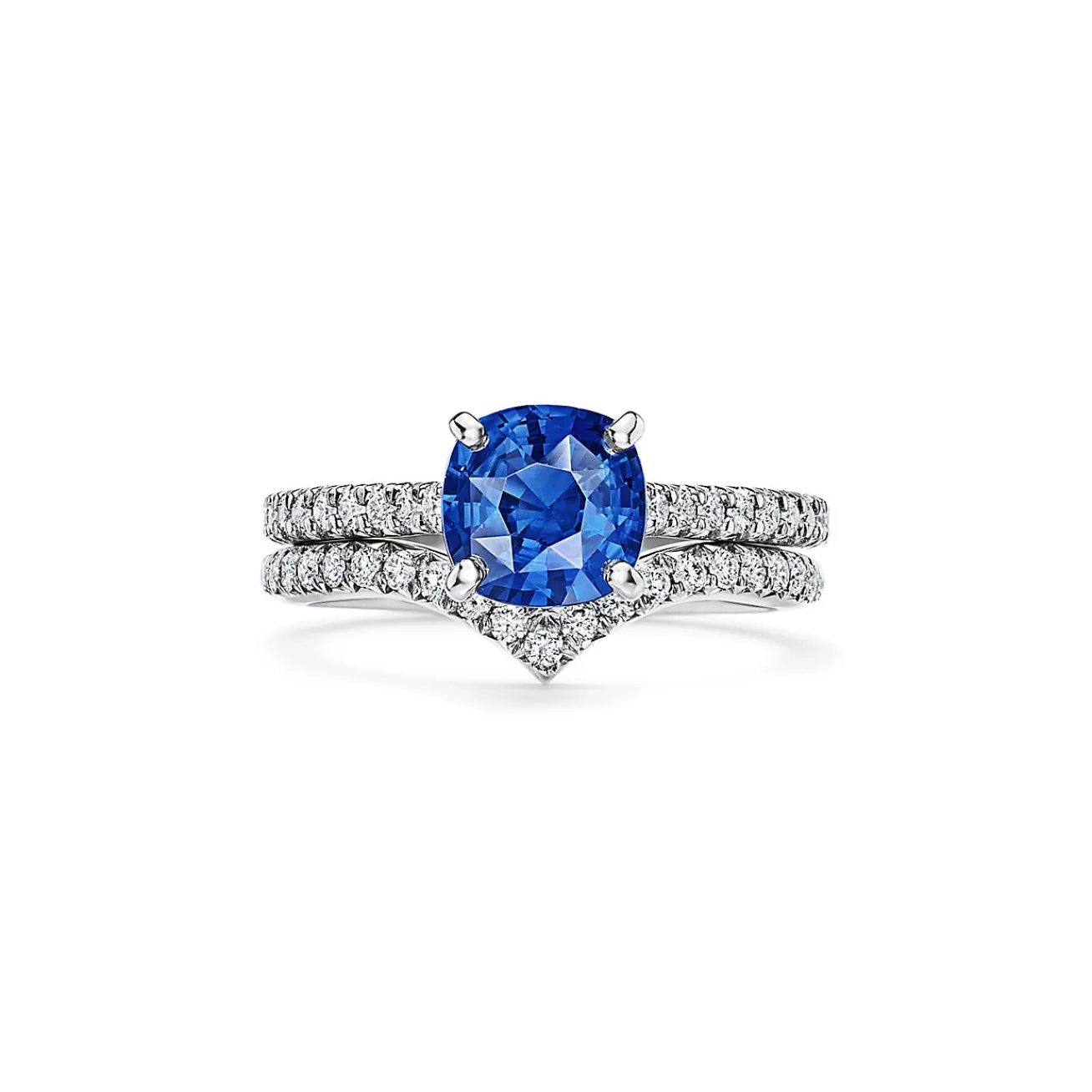 Tiffany & Co. Tiffany Novo® Cushion-cut Sapphire Ring in Platinum with Pavé Diamonds | ^ Rings|Diamond Jewelry
