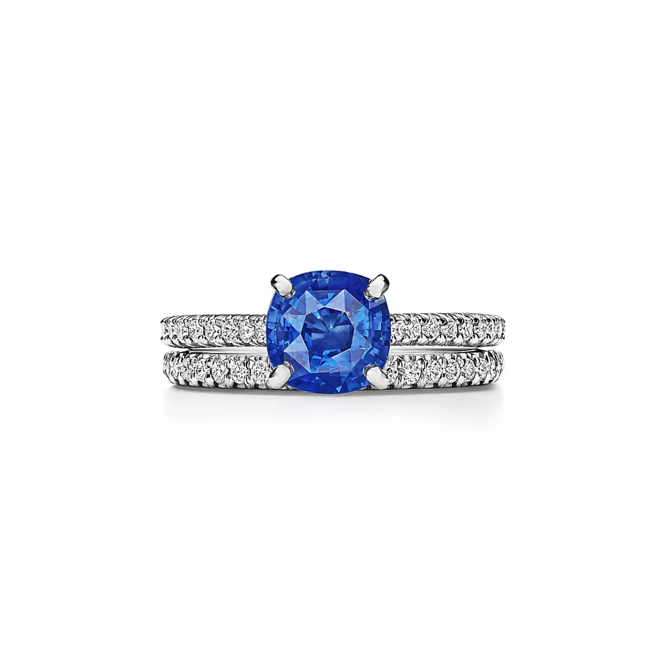 Tiffany & Co. Tiffany Novo® Cushion-cut Sapphire Ring in Platinum with Pavé Diamonds | ^ Rings|Diamond Jewelry