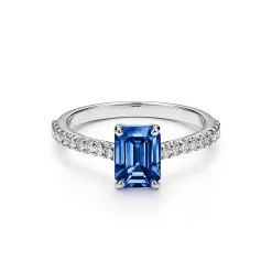 Tiffany & Co. Tiffany Novo® Emerald-cut Sapphire Ring in Platinum with Pavé Diamonds | ^ Rings|Diamond Jewelry