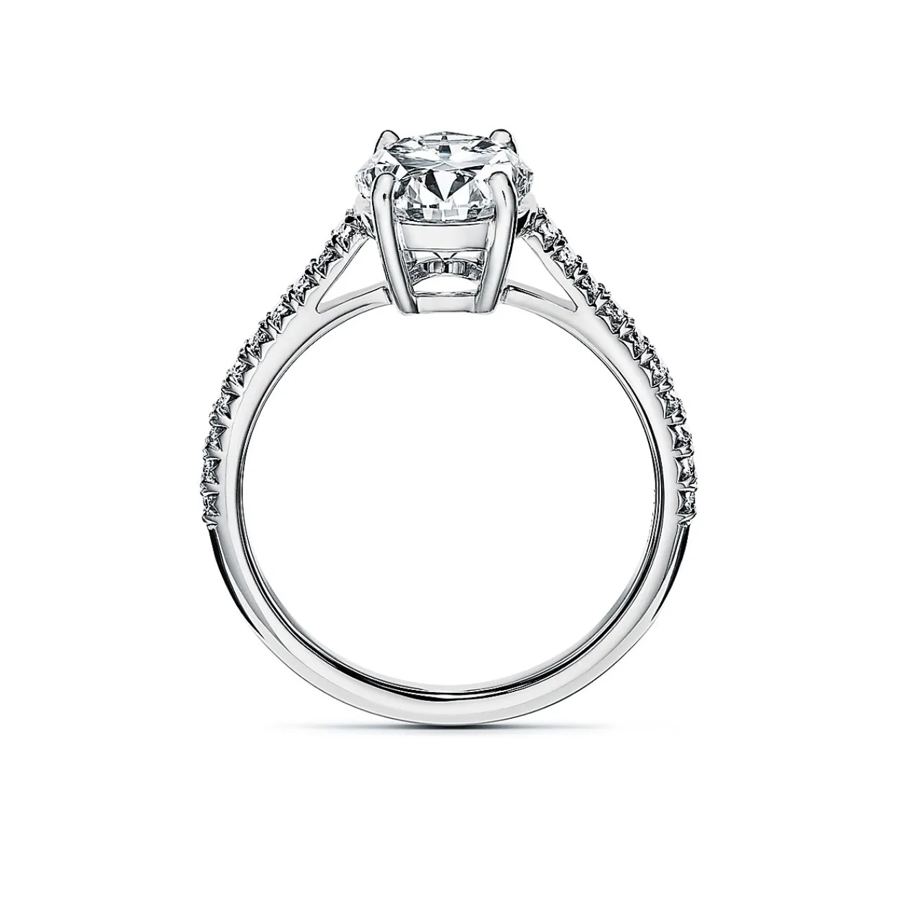 Tiffany & Co. Tiffany Novo® oval brilliant engagement ring with a pavé diamond platinum band. | ^ Engagement Rings