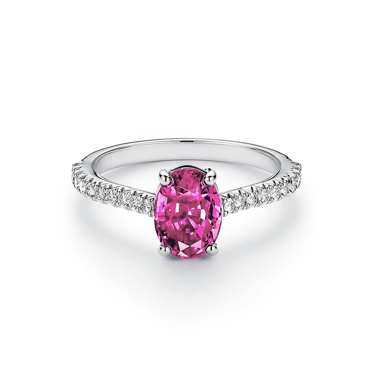 Tiffany & Co. Tiffany Novo® Oval Pink Sapphire Ring in Platinum with Pavé Diamonds | ^ Rings|Diamond Jewelry