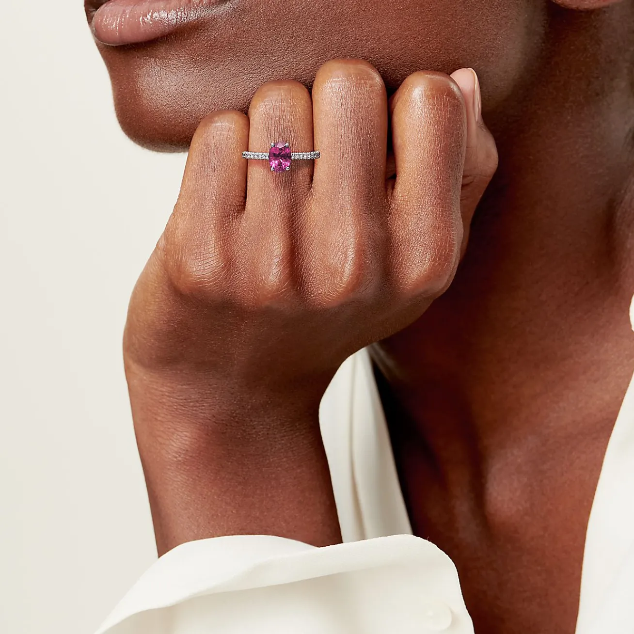 Tiffany & Co. Tiffany Novo® Oval Pink Sapphire Ring in Platinum with Pavé Diamonds | ^ Rings|Diamond Jewelry