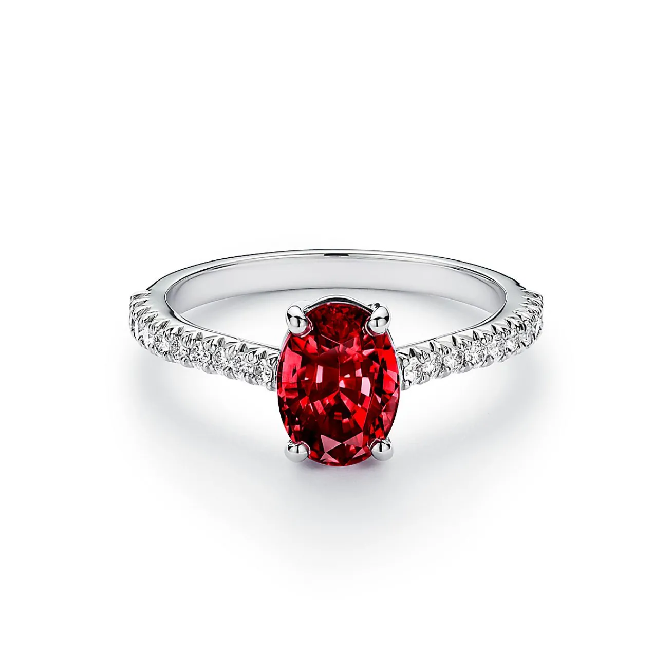 Tiffany & Co. Tiffany Novo® Oval Ruby Ring in Platinum with Pavé Diamonds | ^ Rings|Diamond Jewelry