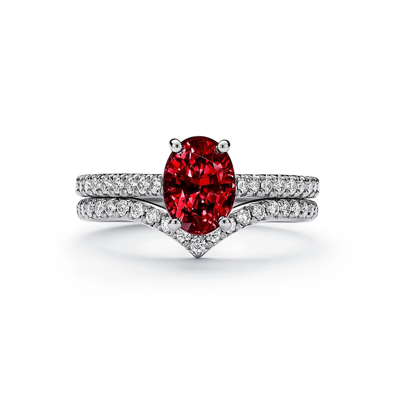 Tiffany & Co. Tiffany Novo® Oval Ruby Ring in Platinum with Pavé Diamonds | ^ Rings|Diamond Jewelry