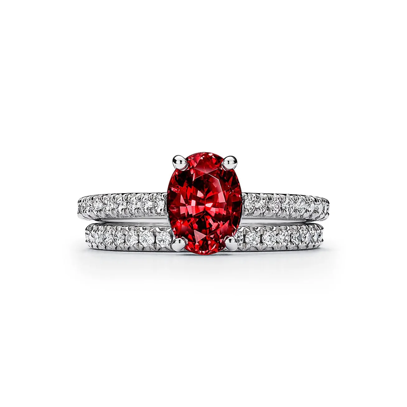 Tiffany & Co. Tiffany Novo® Oval Ruby Ring in Platinum with Pavé Diamonds | ^ Rings|Diamond Jewelry