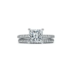 Tiffany & Co. Tiffany Novo® princess-cut engagement ring with a pavé diamond platinum band. | ^ Engagement Rings
