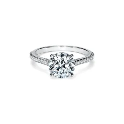 Tiffany & Co. Tiffany Novo® round brilliant engagement ring with a pavé diamond platinum band. | ^ Engagement Rings