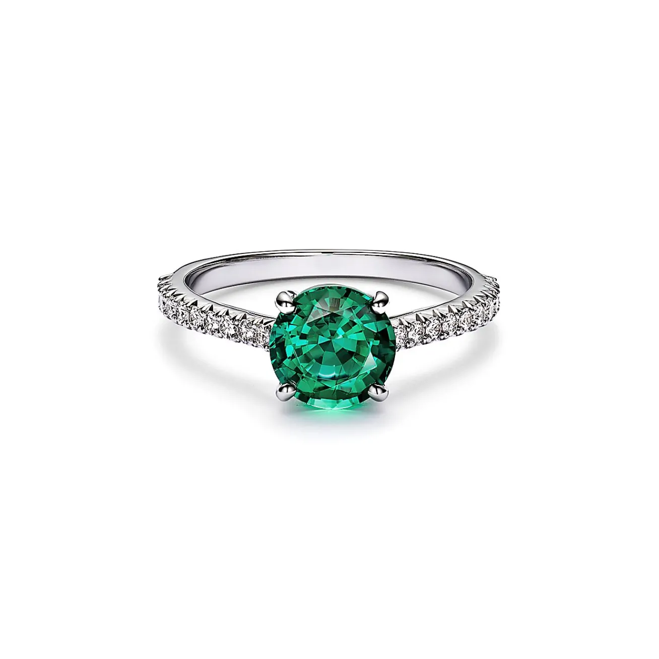 Tiffany & Co. Tiffany Novo® Round Emerald Ring in Platinum with Pavé Diamonds | ^ Rings