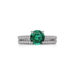 Tiffany & Co. Tiffany Novo® Round Emerald Ring in Platinum with Pavé Diamonds | ^ Rings