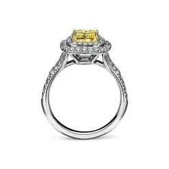 Tiffany & Co. Tiffany Soleste® cushion-cut yellow diamond halo engagement ring in platinum. | ^ Engagement Rings