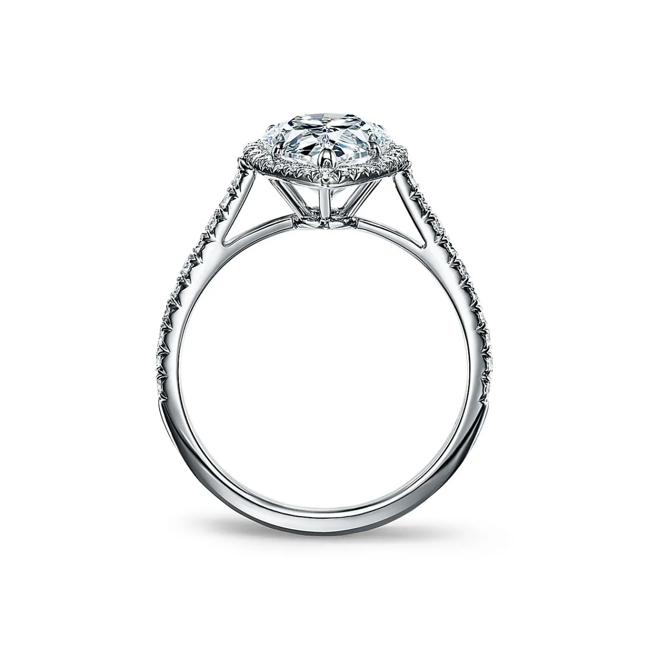 Tiffany & Co. Tiffany Soleste® pear-shaped halo engagement ring with a diamond platinum band. | ^ Engagement Rings