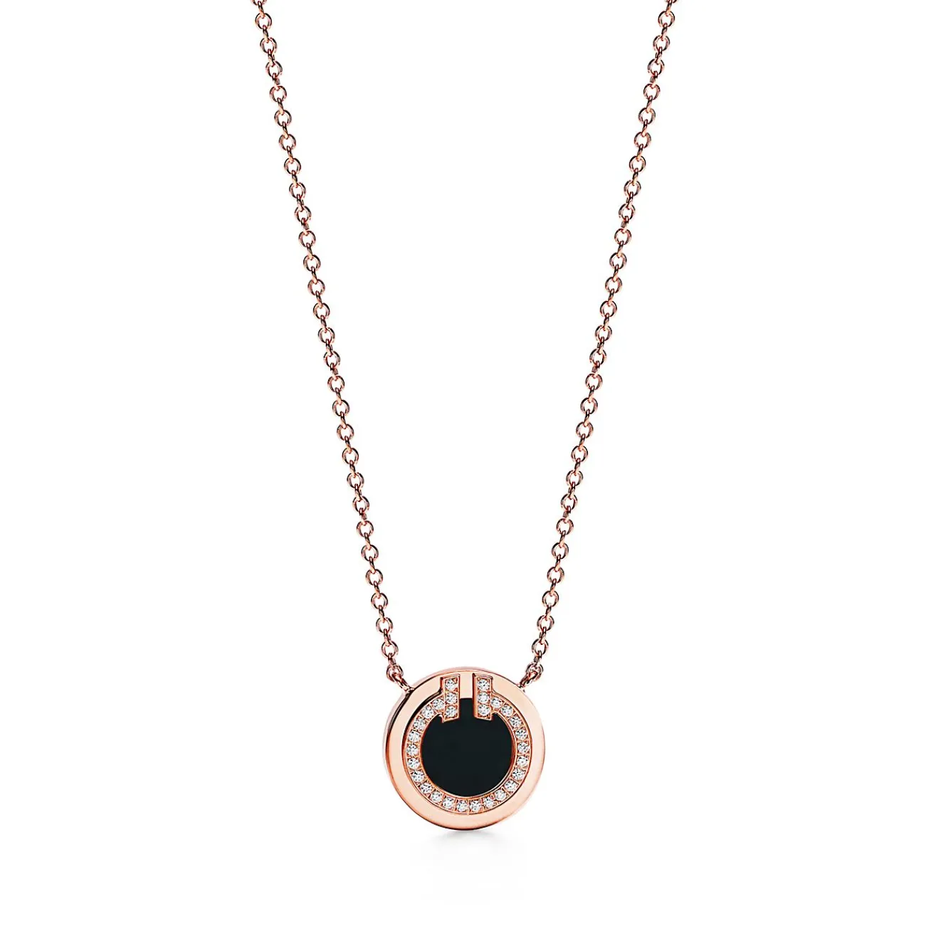 Tiffany & Co. Tiffany T diamond and black onyx circle pendant in 18k rose gold, small. | ^ Necklaces & Pendants|Men's Jewelry