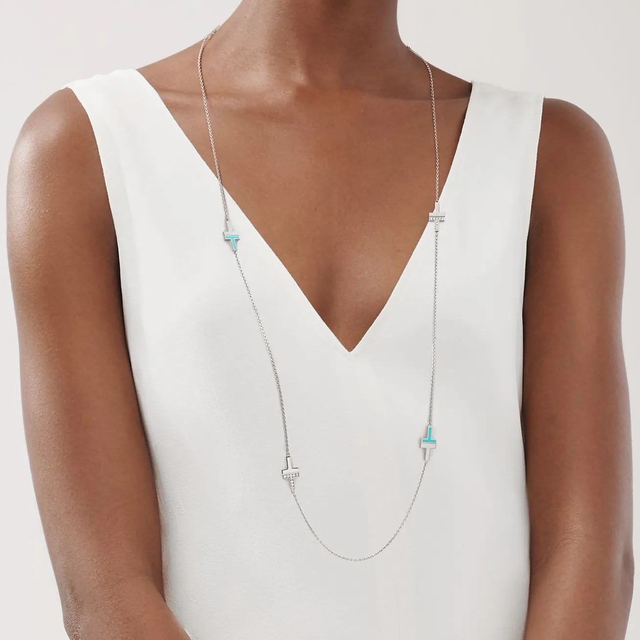 Tiffany & Co. Tiffany T diamond and turquoise station necklace in 18k white gold. | ^ Necklaces & Pendants|Diamond Jewelry