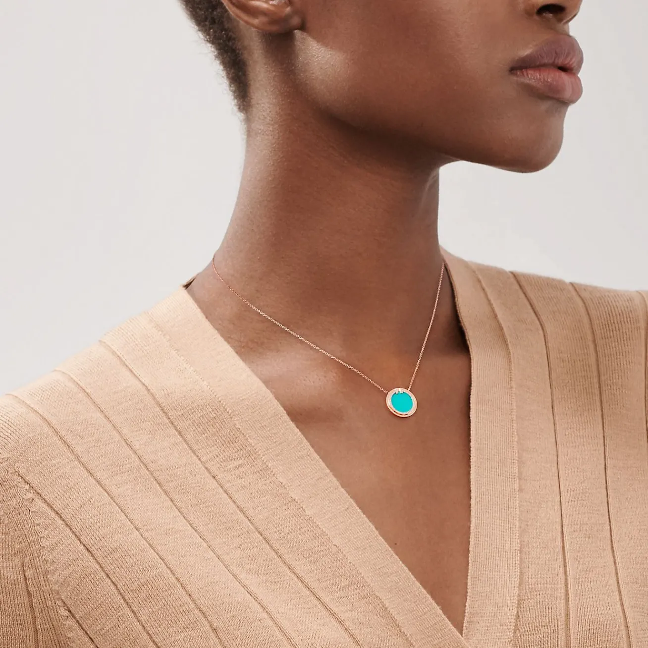 Tiffany & Co. Tiffany T diamond and turquoise circle pendant in 18k rose gold. | ^ Necklaces & Pendants|Rose Gold Jewelry