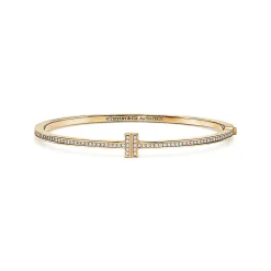 Tiffany & Co. Tiffany T diamond hinged wire bangle in 18k gold, medium. | ^ Bracelets|Gold Jewelry