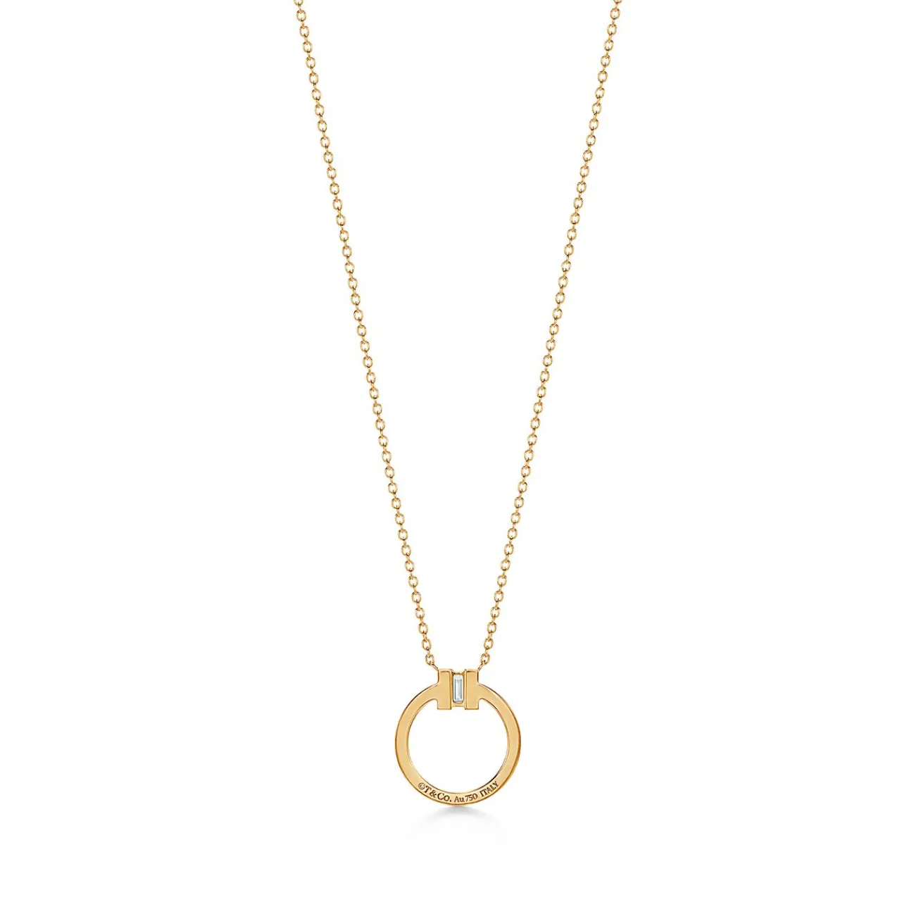 Tiffany & Co. Tiffany T diamond pendant in 18k gold with a baguette diamond. | ^ Necklaces & Pendants|Gold Jewelry