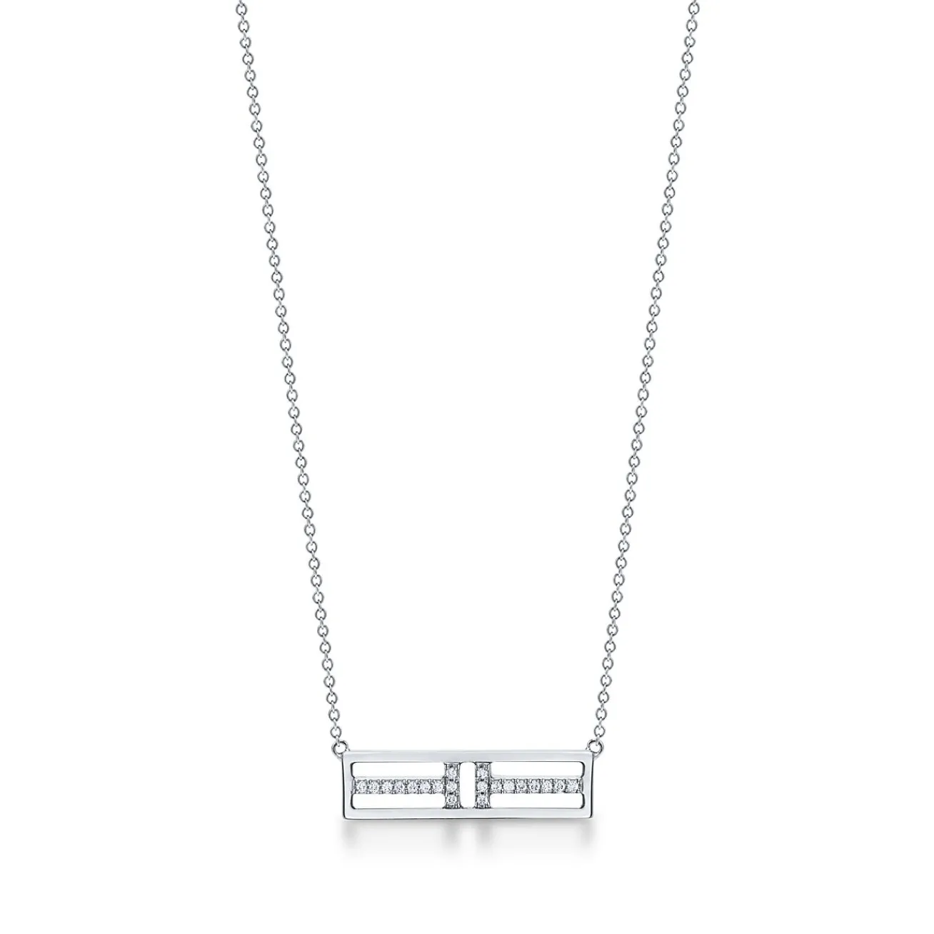 Tiffany & Co. Tiffany T open horizontal diamond bar pendant in 18k white gold. | ^ Necklaces & Pendants|Diamond Jewelry