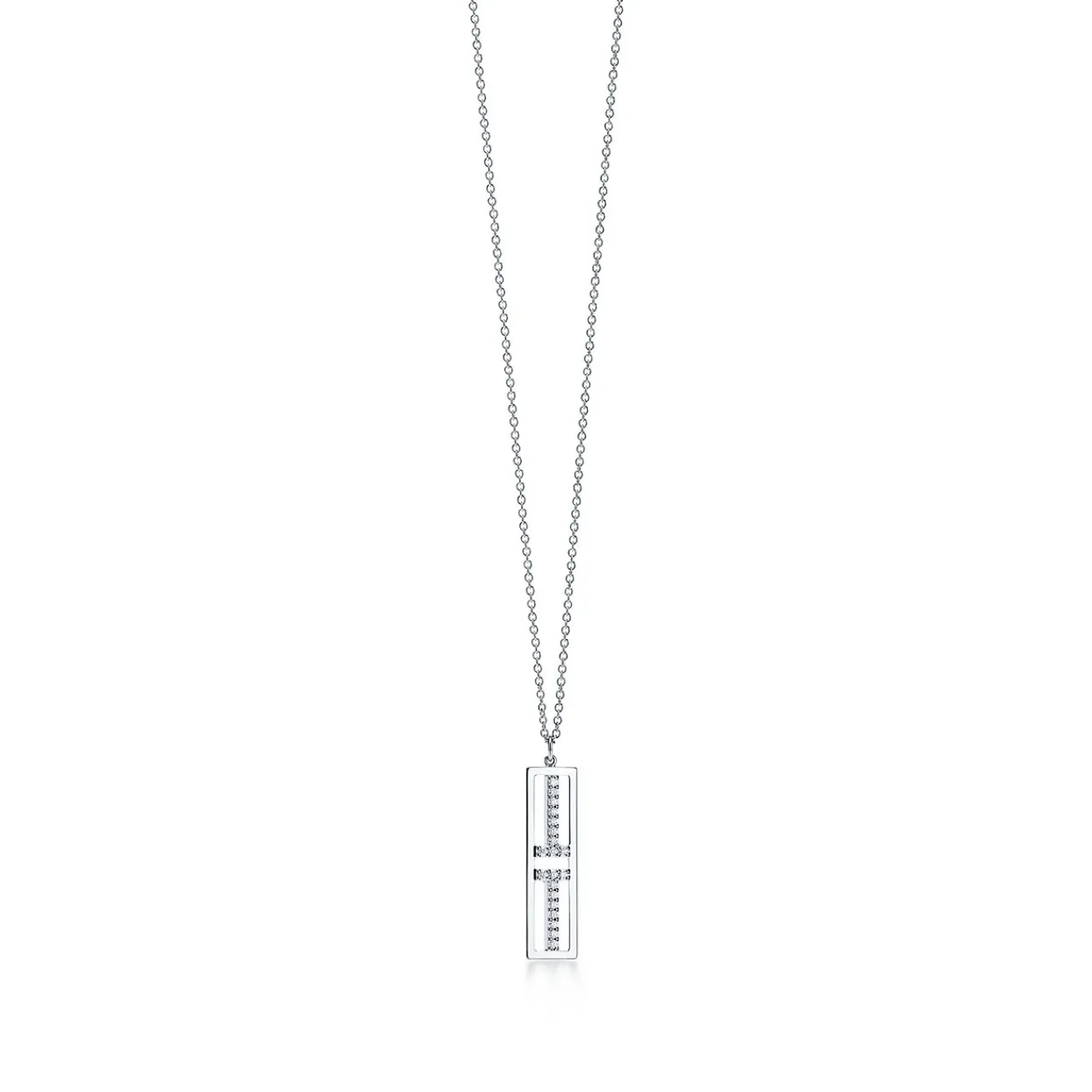 Tiffany & Co. Tiffany T open vertical diamond bar pendant in 18k white gold. | ^ Necklaces & Pendants|Diamond Jewelry