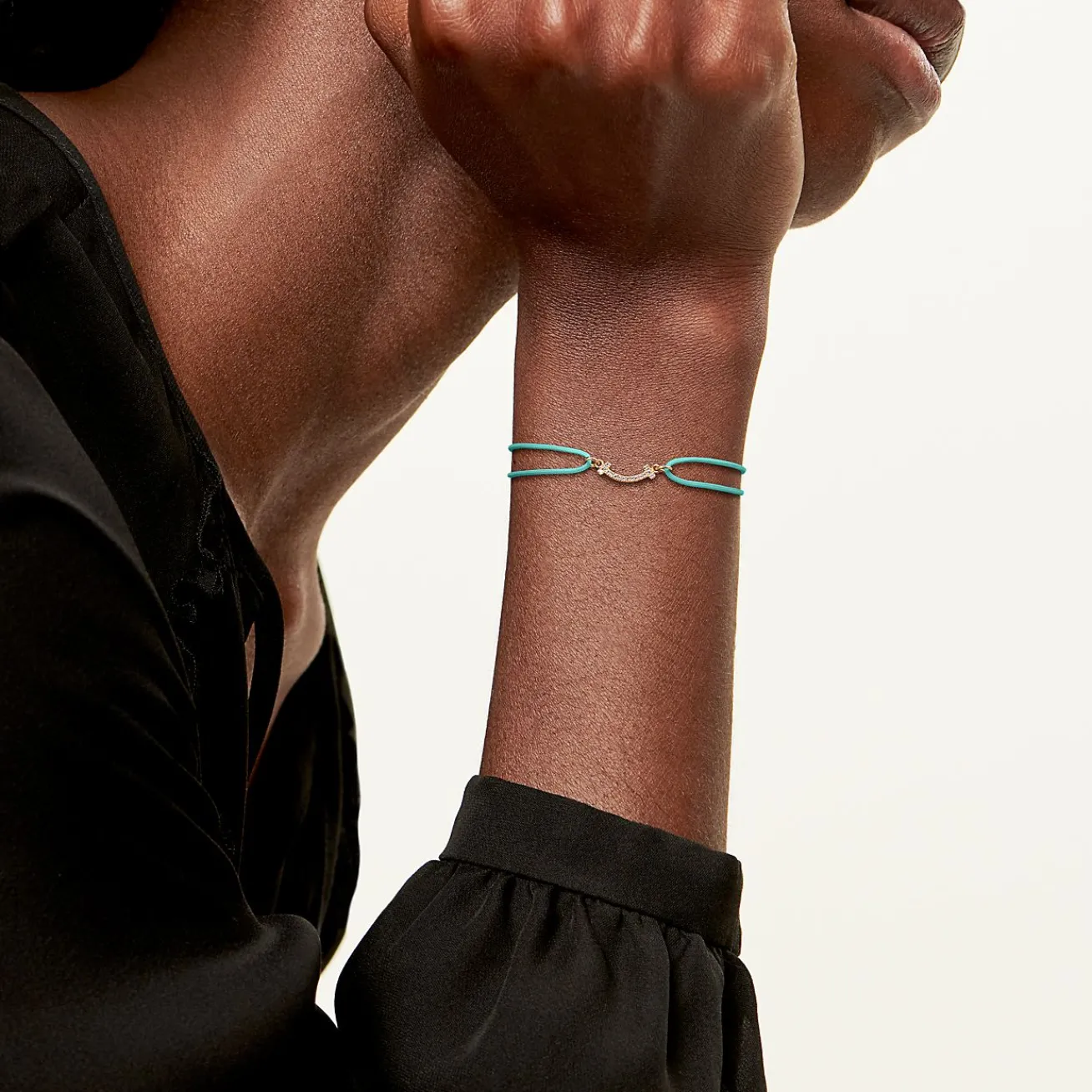Tiffany & Co. Tiffany T Smile Bracelet in Yellow Gold on a Blue Cord with Diamonds | ^ Bracelets|Gifts for Her