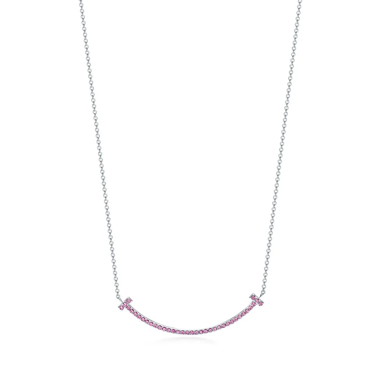 Tiffany & Co. Tiffany T smile pendant in 18k white gold with pink sapphires, small. | ^ Necklaces & Pendants|Colored Gemstone Jewelry