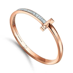 Tiffany & Co. Tiffany T T1 wide hinged bangle in 18k rose gold with baguette diamonds, large. | ^ Bracelets|Rose Gold Jewelry