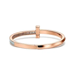 Tiffany & Co. Tiffany T T1 wide hinged bangle in 18k rose gold with baguette diamonds, large. | ^ Bracelets|Rose Gold Jewelry